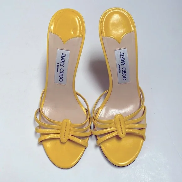 Jimmy Choo 💛 Strappy Kitten Sandal Heels in Yellow Size 7.5 Open Toe Mule Heel